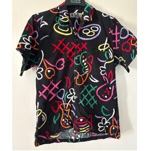 BSR Vintage 90s Button Down Shirt Screech Saved by the Bell Medium Neon Doodle